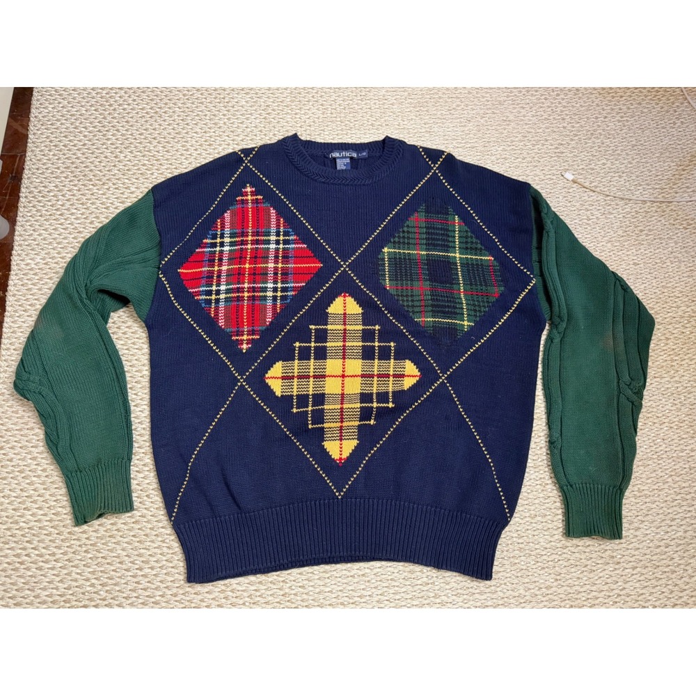Vintage Nautica Mens Argyle Plaid Intarsia‎ Cotton Knit Sweater grandpa golf LG